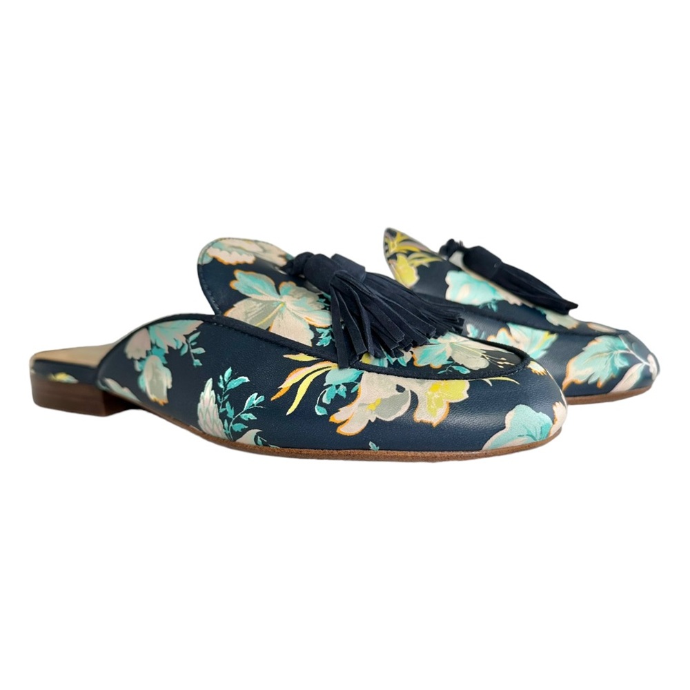 Ann Taylor Floral Leather Loafers Double Tassel Mules Low Heel Slides Size 5